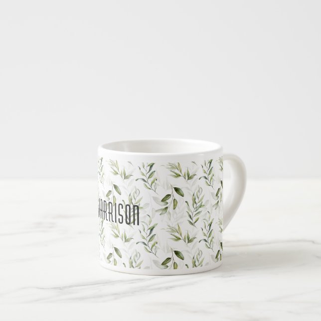 Name || Masculine Watercolor Greenery 6oz Espresso Cup (Front Right)