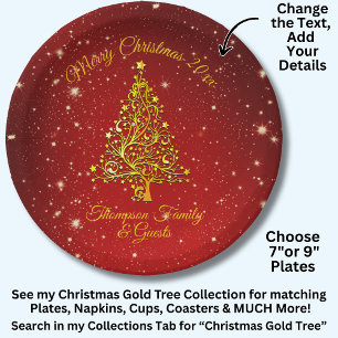 Name Matching Set Christmas Red Gold Tree Stars 7" Paper Plate