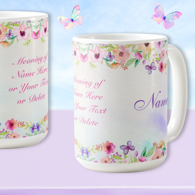 Name Meaning Gifts, Name Meaning Mugs  (Personalized Name Mugs for Her. Name meaning mugs with pastel wildflowers and butterfly coffee mugs.)