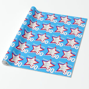 Name mens double figure 90 age photo star pattern wrapping paper