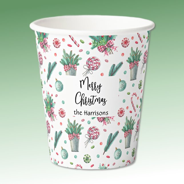 Name, Merry Christmas Ferns Ornaments Candy 8oz Paper Cups (Creator Uploaded)