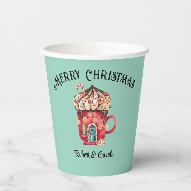 Name, Merry Christmas Magical Candy House 8oz Paper Cups (Front)