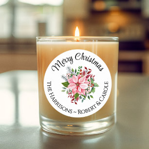 Name Merry Christmas Pink Poinsettia Bouquet 3-in Classic Round Sticker