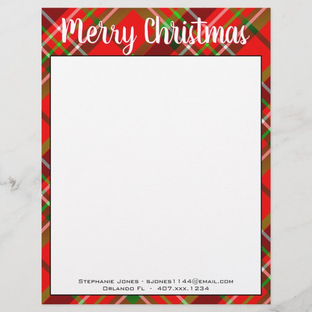 Name Merry Christmas Red/Green Tartan Plaid Custom Letterhead (Front)