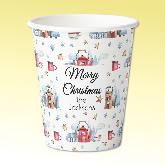 Name, Merry Christmas Winter Teapot Houses 8oz Paper Cups (Creator Uploaded)