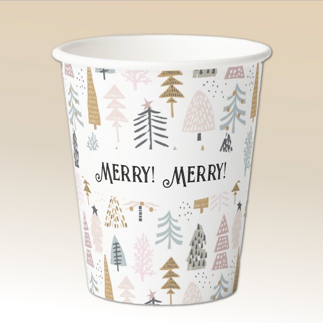 Name, Merry Merry Cute Illustrated Winter Trees Paper Cups (Creator Uploaded)