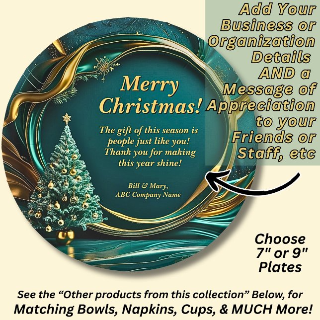 Name Message Company Green Gold Christmas Tree 7" Paper Plate (Creator Uploaded)