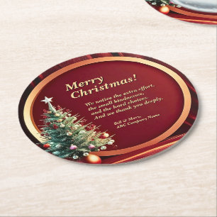 Name Message Company Red Gold + Christmas Tree Round Paper Coaster