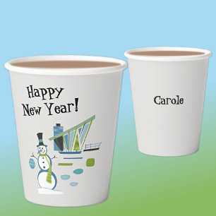 Name, Mid Century Snowman Happy New Year, 8oz Paper Cups