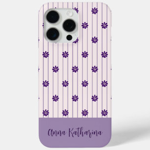 Name Modern Blush & Violet Stripes Floral Pattern iPhone 15 Pro Max Case