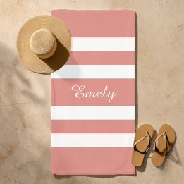 Name Modern Coral Pink And White Stripes Pattern Beach Towel