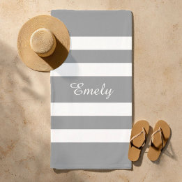 Name Modern Elegant Grey And White Stripes Pattern Beach Towel