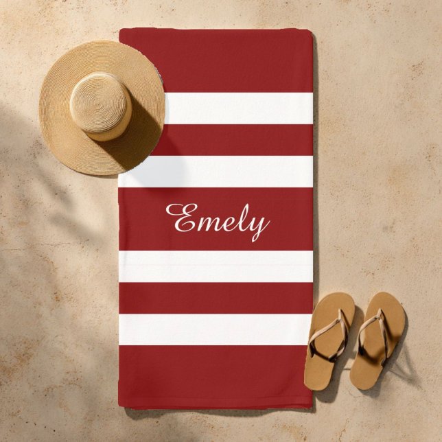 Name Modern Elegant Red And White Stripes Pattern Beach Towel (Custom Name Name Modern Red Striped Pattern Beach Towel)