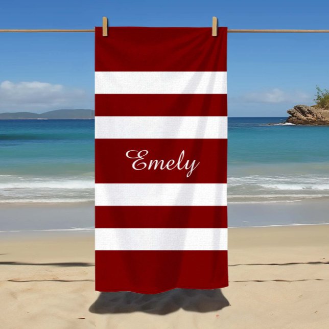 Name Modern Elegant Red And White Stripes Pattern Beach Towel (Custom Name Name Modern Red Striped Pattern Beach Towel)