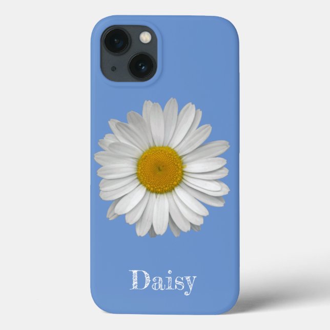 Name Modern Elegant White Daisy Flower on Blue Case-Mate iPhone Case (Back)