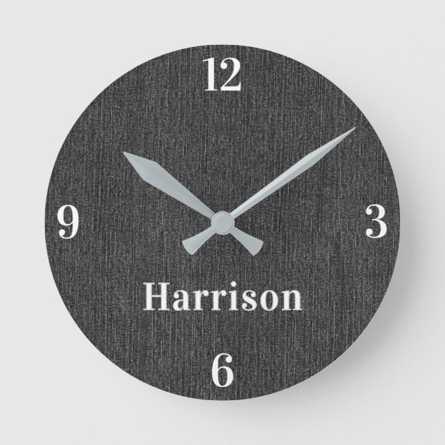 Name || Modern Home Office Black Denim Print 8-in Round Clock (Front)