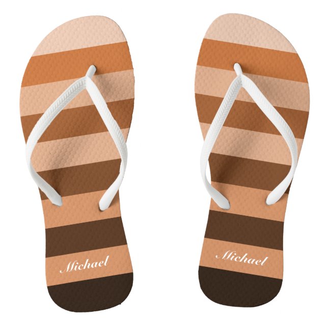 Name Monochrome Brown Block Stripes Pattern Flip Flops (Footbed)