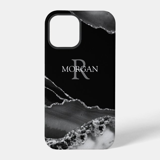 Name & Monogram, B/W Agate, White & Grey Text iPhone Case (Back)