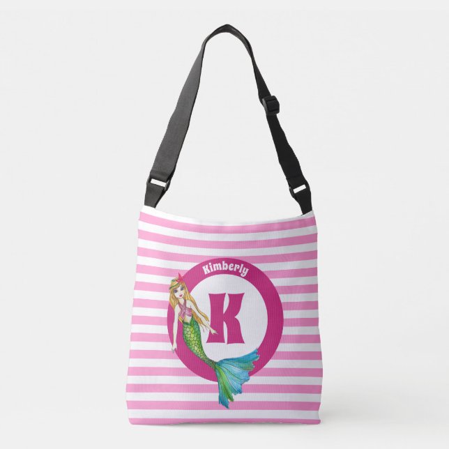 Name Monogram Beautiful Mermaid Pink Stripes Crossbody Bag (Front)