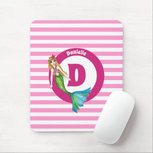 Name Monogram Beautiful Mermaid Pink Stripes Mouse Mat