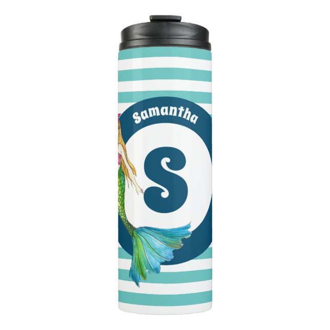 Name Monogram Beautiful Mermaid Turquoise Stripes Thermal Tumbler (Front)