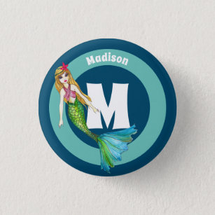 Name Monogram Beautiful Mermaid with Blonde Hair 3 Cm Round Badge