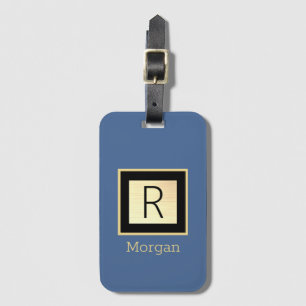 Name & Monogram, Black & Gold Box, Med Blue Luggage Tag