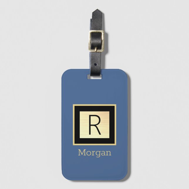 Name & Monogram, Black & Gold Box, Med Blue Luggage Tag (Front Vertical)