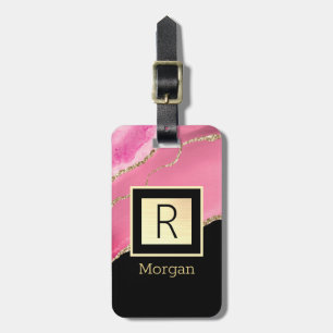 Name & Monogram, Black & Gold Box, Pink Agate Luggage Tag