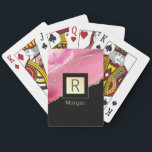 Name & Monogram Black & Gold Box Pink & Gold Agate Playing Cards<br><div class="desc">Personalise your name in gold and monogram in black on trendy black and gold box with pink and gold agate.</div>