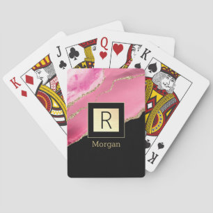 Name & Monogram Black & Gold Box Pink & Gold Agate Playing Cards