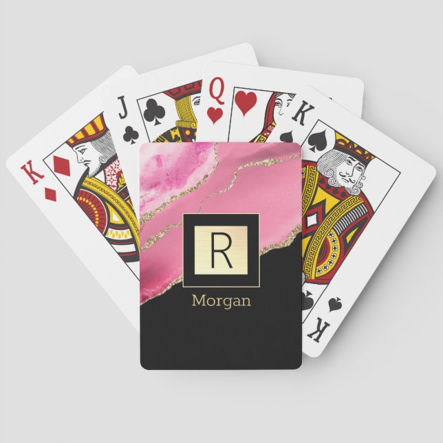 Name & Monogram Black & Gold Box Pink & Gold Agate Playing Cards (Back)