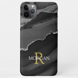 Name & Monogram, Black Grey Agate, Gold White Text iPhone 11Pro Max Case