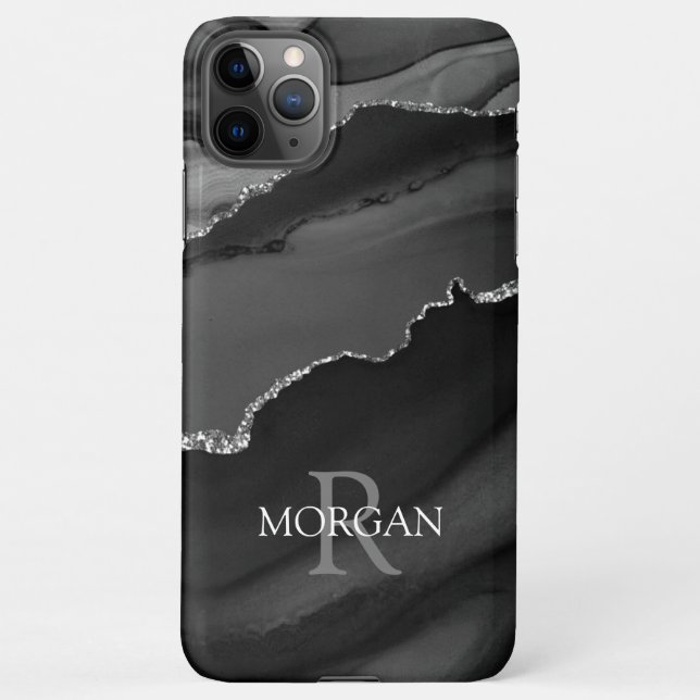 Name & Monogram, Black Grey Agate, Grey White Text iPhone Case (Back)