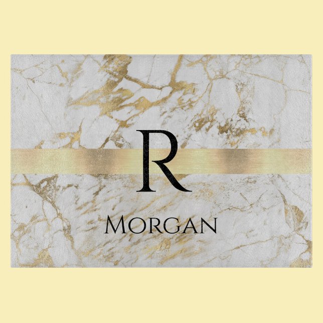 Name & Monogram Black Text, White & Gold Marble Cutting Board (Creator Uploaded)