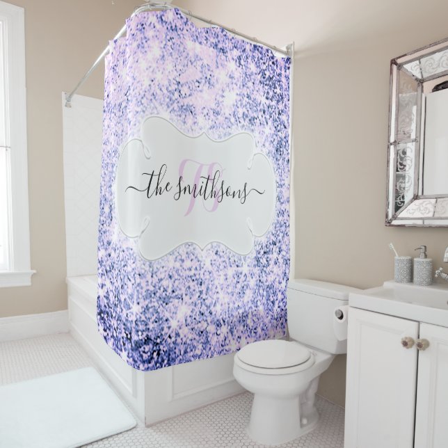 Name Monogram Blue Bridal Glitter Purple Wedding Shower Curtain (In Situ)
