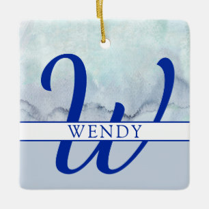 Name Monogram Blue Watercolor Ceramic Ornament