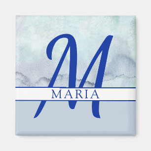 Name Monogram Blue Watercolor Magnet