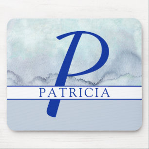 Name Monogram Blue Watercolor Mouse Mat