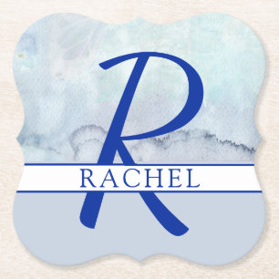 Name Monogram Blue Watercolor Paper Coaster