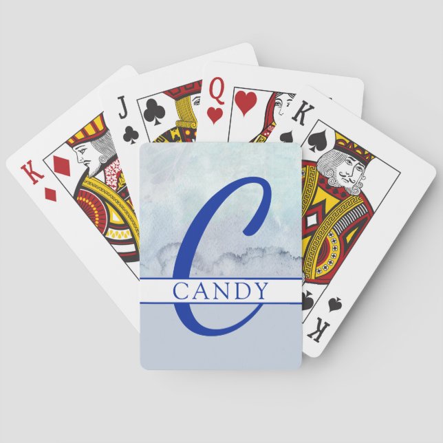 Name | Monogram Blue Watercolor Playing Cards (Back)