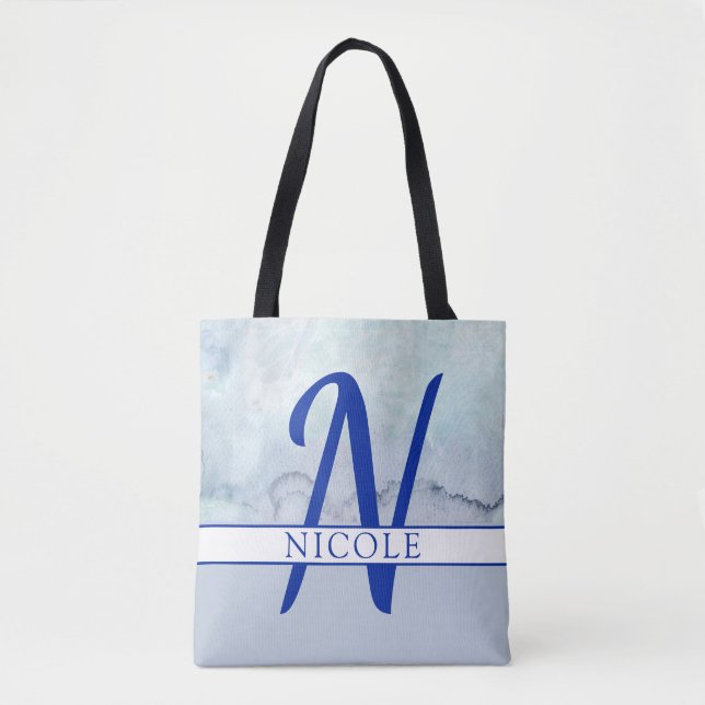 Name/Monogram Blue Watercolor Tote Bag (Front)