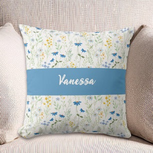 Name Monogram Blue Watercolor Wildflower Cushion