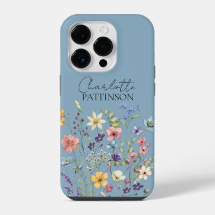Name Monogram Botanical Wildflower Dusty Blue iPhone 14 Pro Case