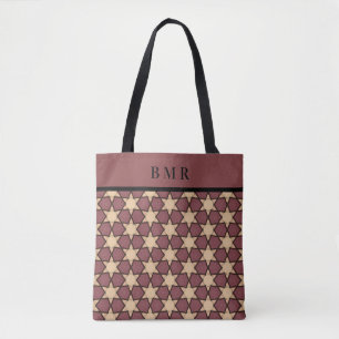 Name Monogram Burgundy Tan Black Star Pattern  Tote Bag