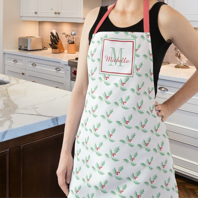 Name Monogram Christmas Holly  Apron (Creator Uploaded)