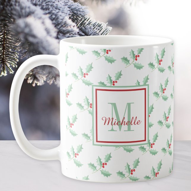 Name Monogram Christmas Holly  Coffee Mug (Creator Uploaded)