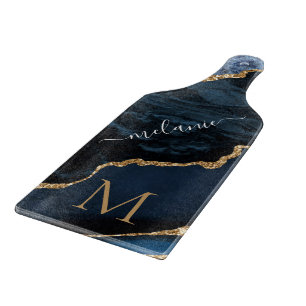 Name Monogram Cutting Board Agate Blue Gold Marble
