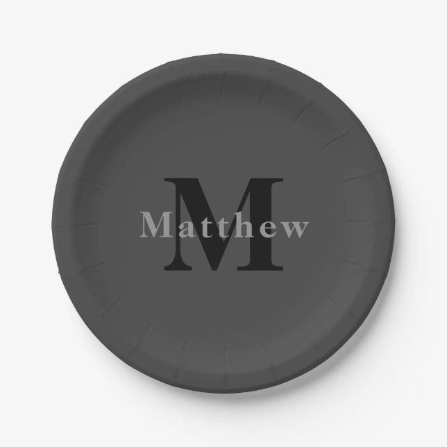 Name & Monogram | Dark Grey Paper Plate (Front)