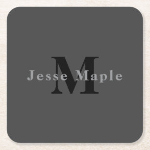 Name & Monogram   Dark Grey Square Paper Coaster